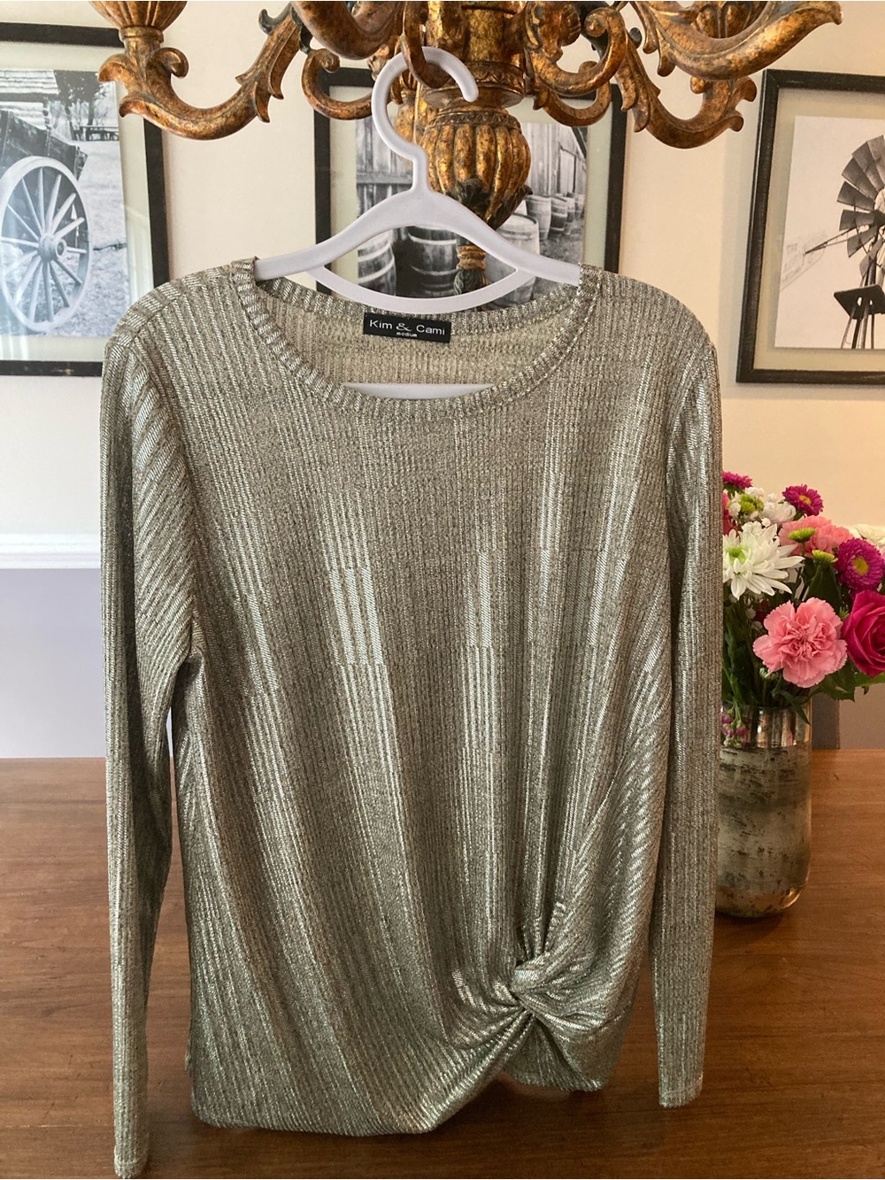Kim & Cami Metallic Gold Knot-Front Long Sleeve Top